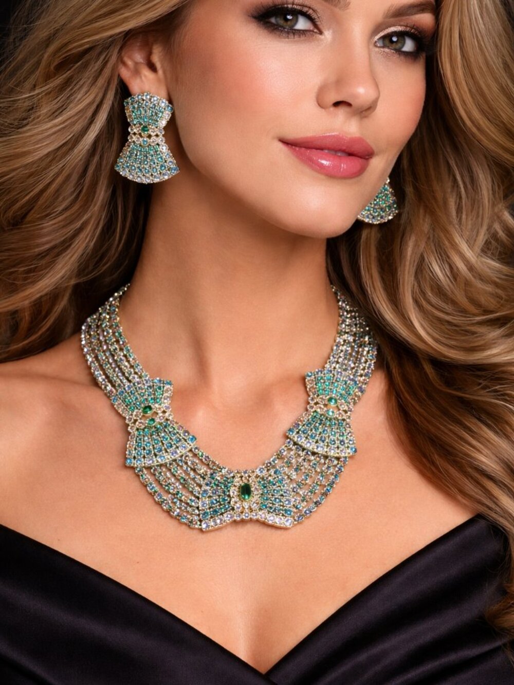 Blue Multi-Strand Beaded Statement Necklace & Earrings Set Glam Rhinestone Bow